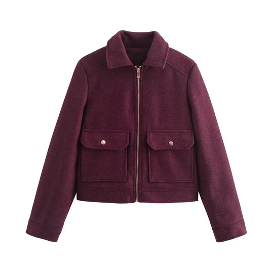 Women's Lapel Woolen Pocket Zipper Coat