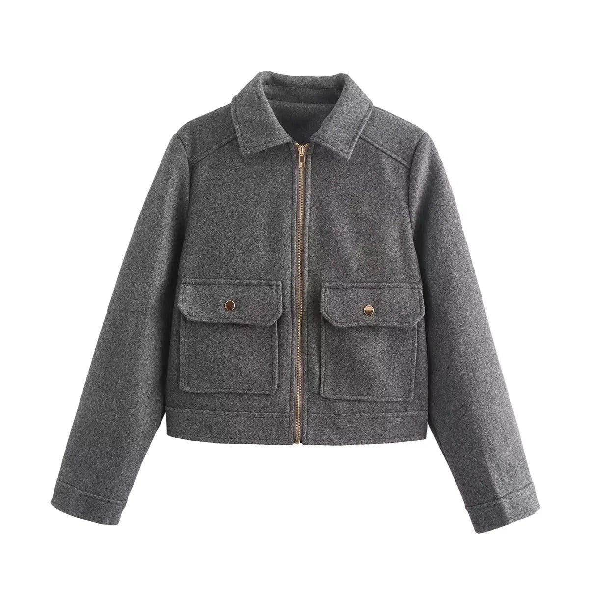 Women's Lapel Woolen Pocket Zipper Coat