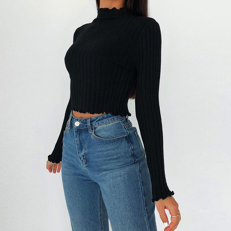 Women's slim t-shirts with half turtleneck fungus