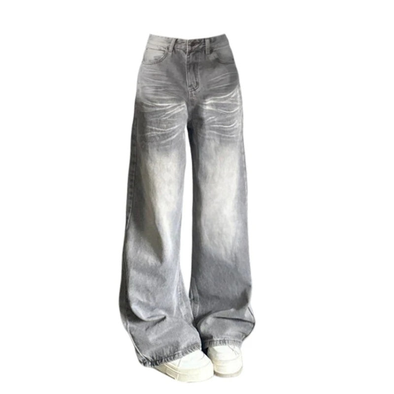 New Retro Distressed Street Atmosphere Corrugated Gray Wide-leg Jeans For Women