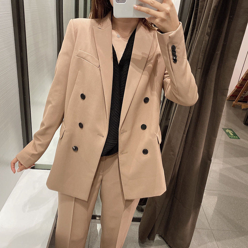 Autumn Womens Double-Breasted Professional Blazer With Stitching Decoration Drape Pants