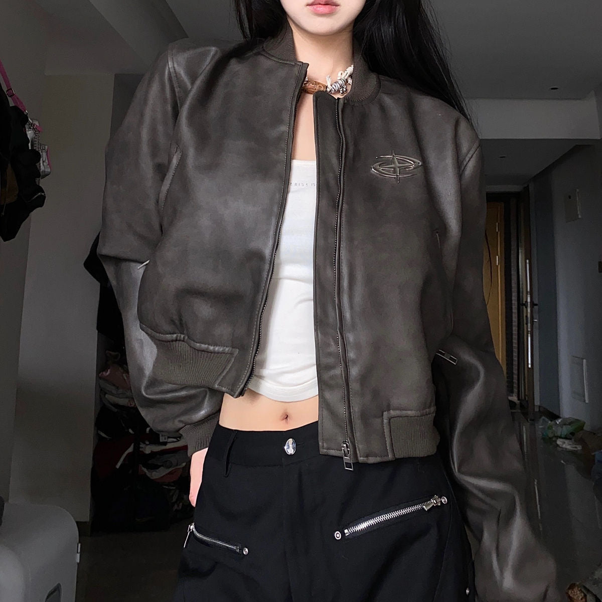 Retro Brown Short Motorcycle Small Leather Coat Pu Jacket Baseball Uniform Baggy Coat Women