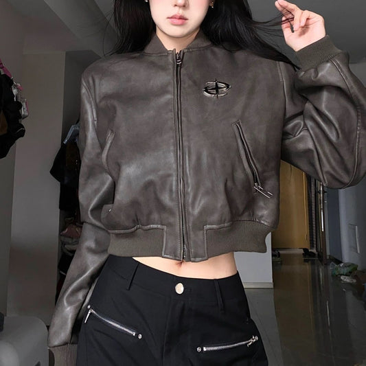 Retro Brown Short Motorcycle Small Leather Coat Pu Jacket Baseball Uniform Baggy Coat Women