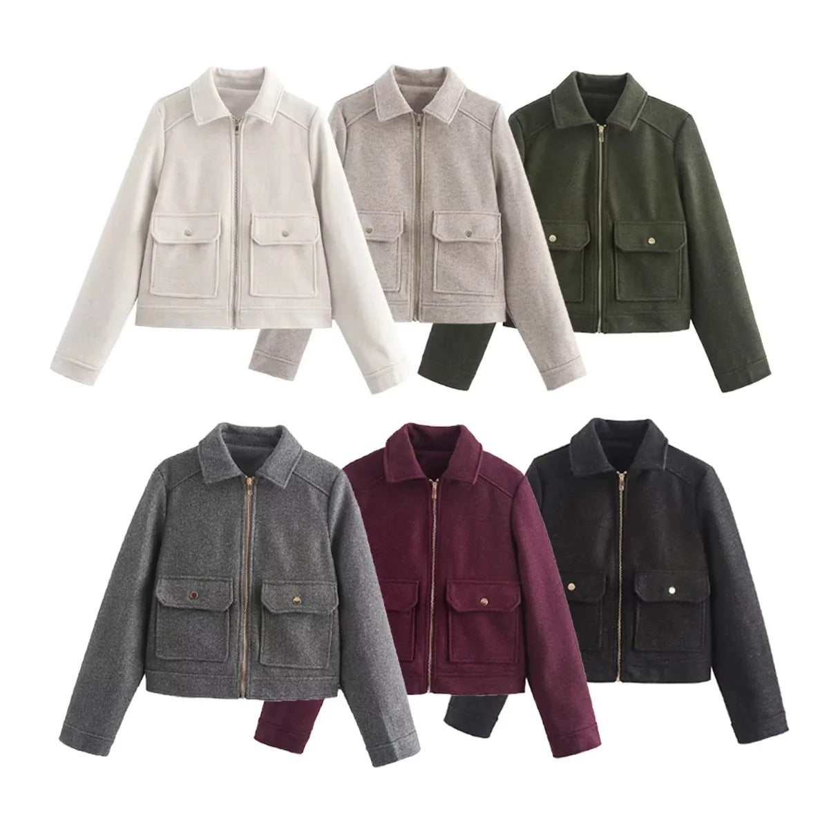 Women's Lapel Woolen Pocket Zipper Coat