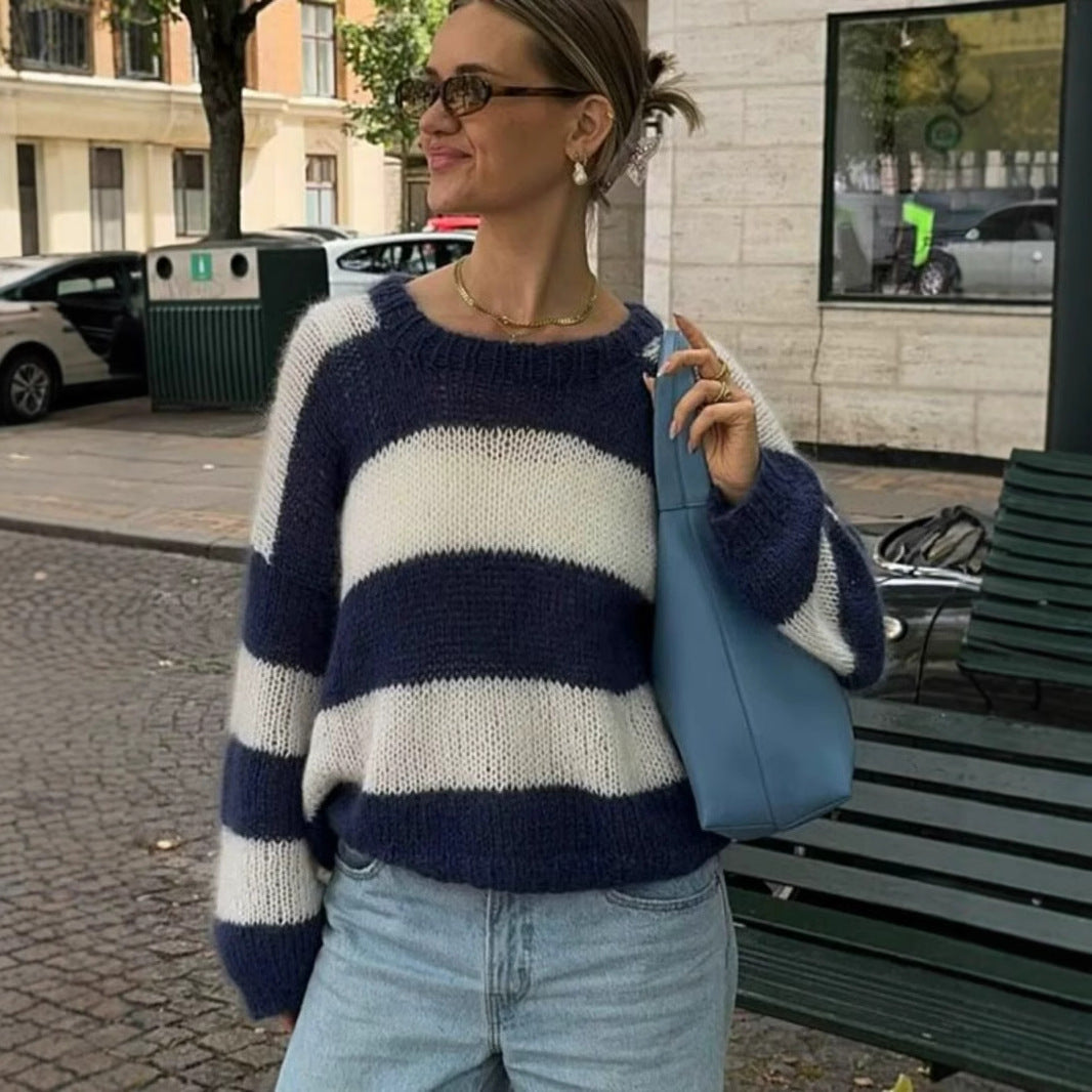 Women's Round Neck Long Sleeve Striped Sweater Top