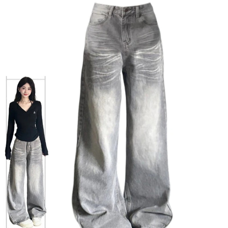 New Retro Distressed Street Atmosphere Corrugated Gray Wide-leg Jeans For Women