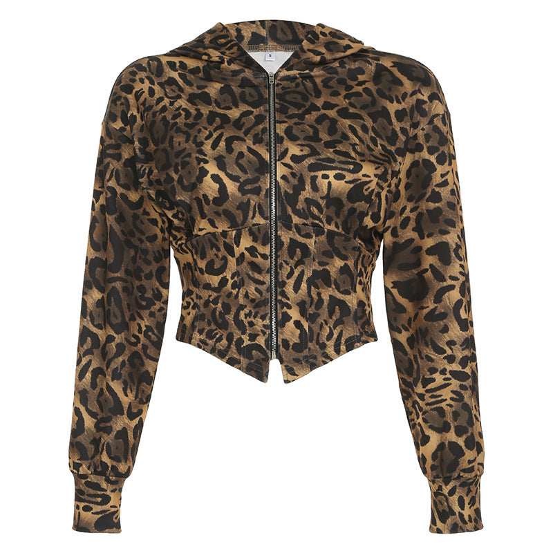 American Retro Fashion Wear Leopard Print Zipper Cardigan Outerwear