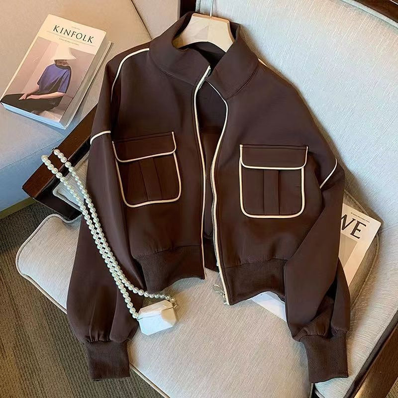 Pocket Stand-up Collar Baseball Jacket For Women