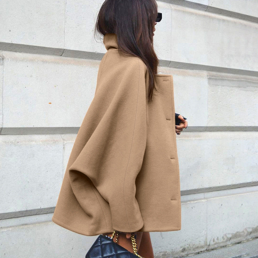 Fashion Brown Lapel Batwing Sleeve Coat