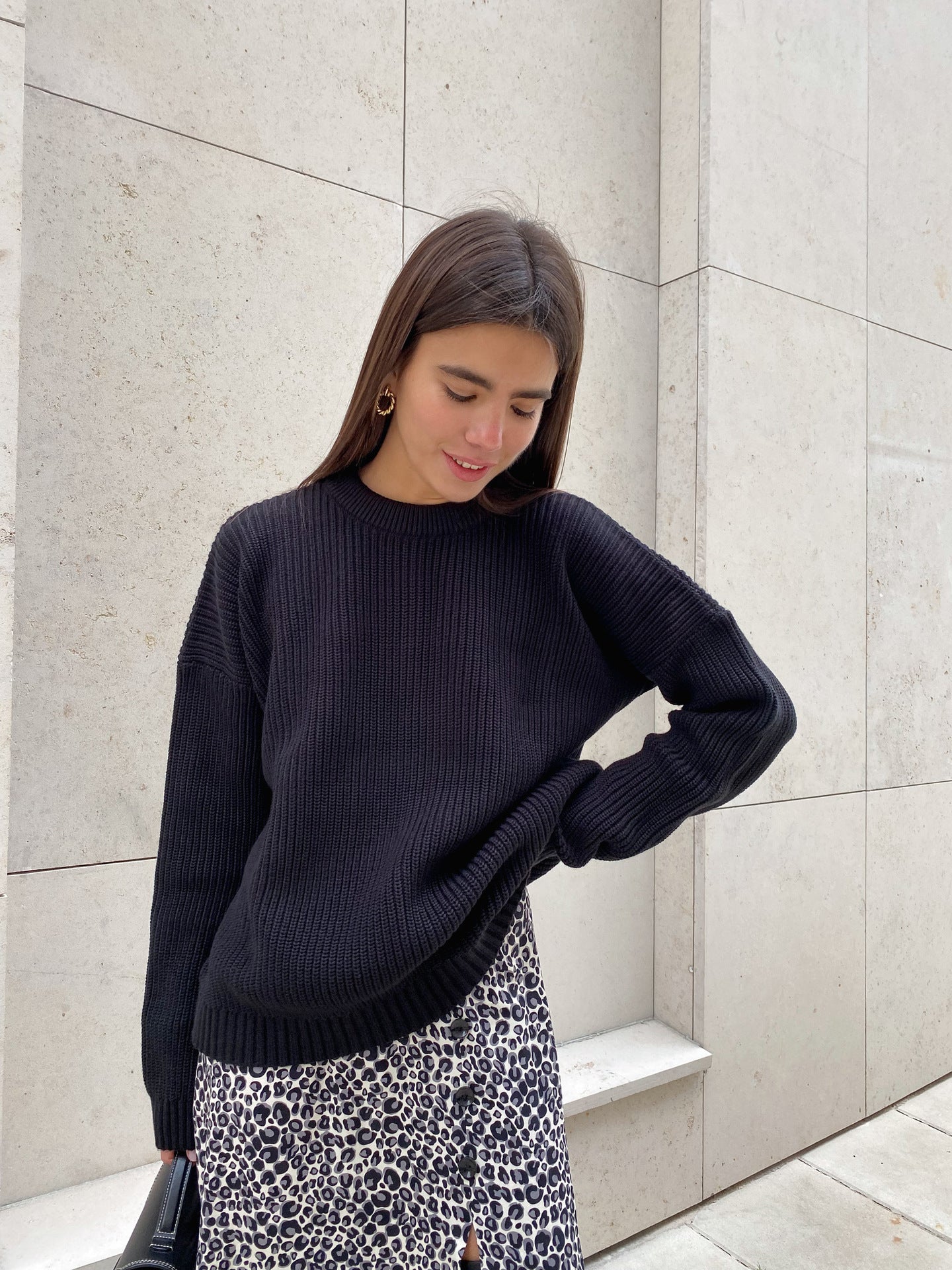 Sweater Round Neck Loose Solid Color Sweater