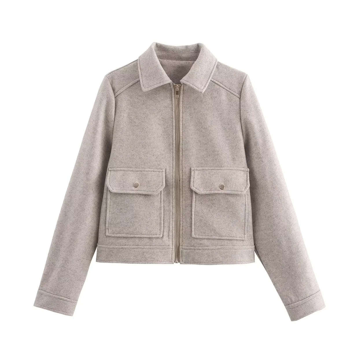 Women's Lapel Woolen Pocket Zipper Coat