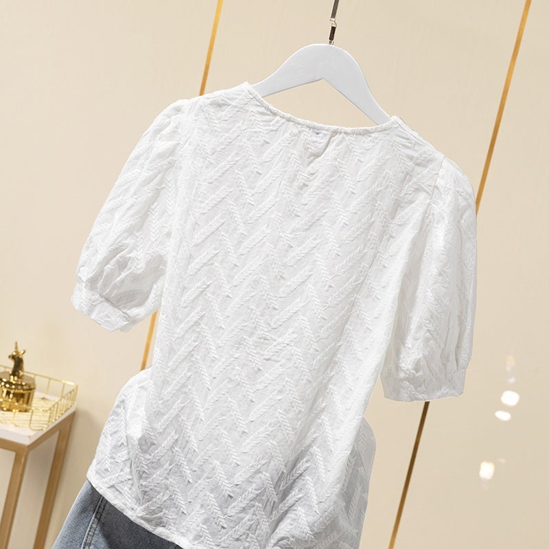 Cotton Embroidered Puff Sleeve Shirt Tops Women White Ladies Shirts