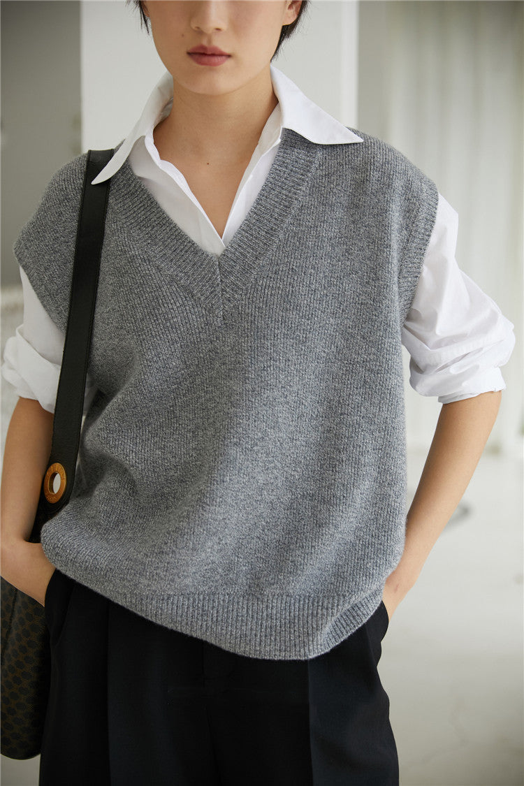 Solid Color Wool Vest Women's V-neck Sweater Waistcoat Sleeveless Vest