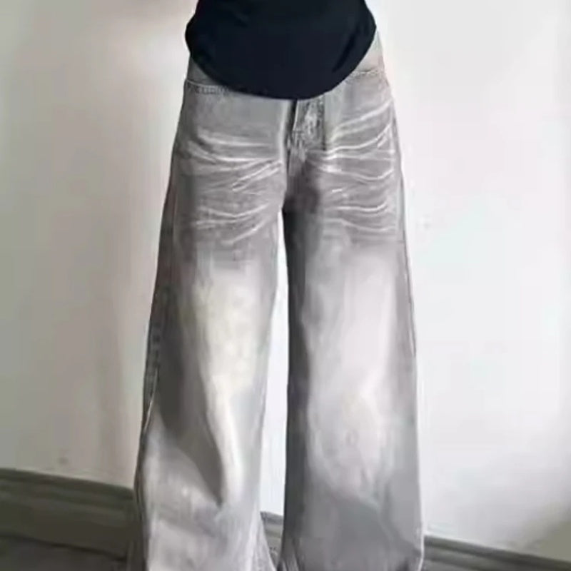 New Retro Distressed Street Atmosphere Corrugated Gray Wide-leg Jeans For Women