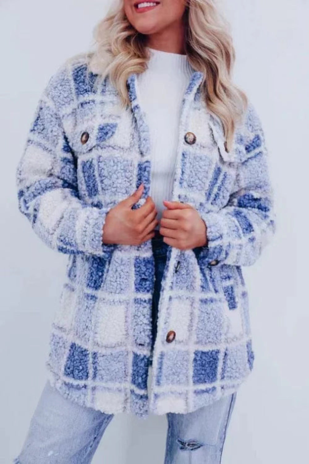 Winter Multicolor Plaid Warm Polo Collar Jacket Women's Fashion All-match Long-sleeved Coat Women