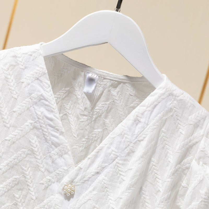 Cotton Embroidered Puff Sleeve Shirt Tops Women White Ladies Shirts