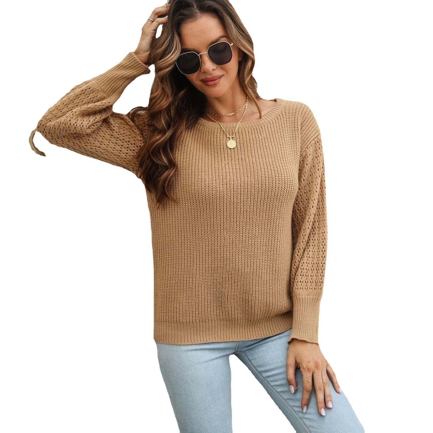 Women's Loose Autumn Long-sleeved Sweater With Hollow Sleeves