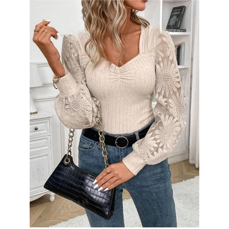 Women's Long-sleeved U Collar Pin Woven Bottoming Shirt