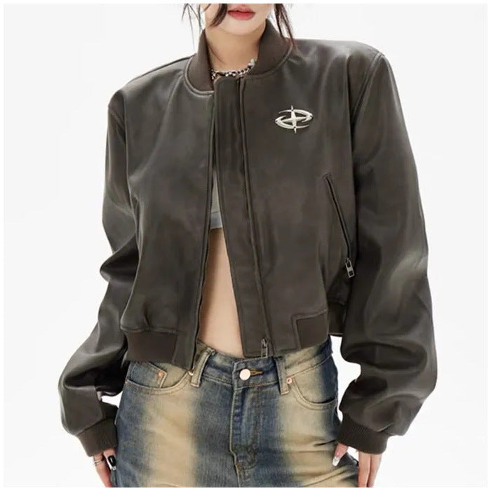 Retro Brown Short Motorcycle Small Leather Coat Pu Jacket Baseball Uniform Baggy Coat Women